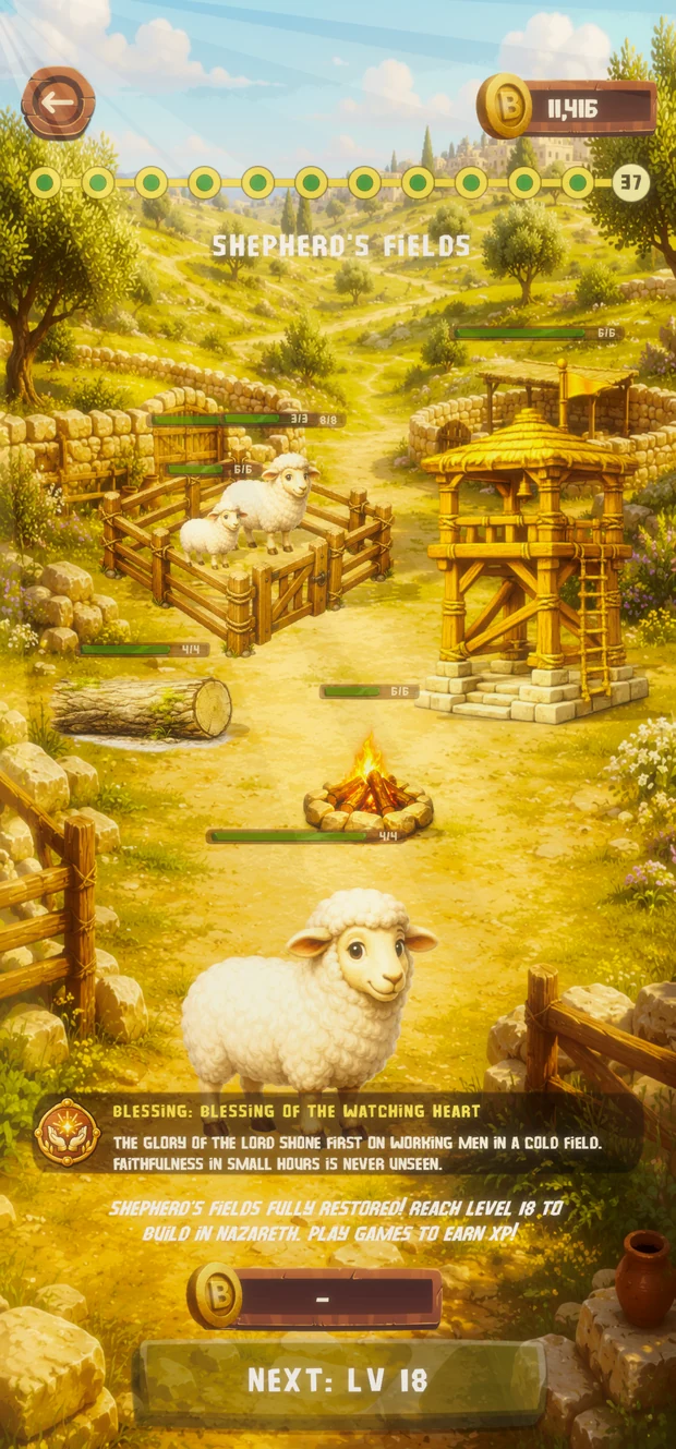 Shepherd's Fields fully restored, the whole scene in colour, with the message: Shepherd's Fields fully restored, reach level 18 to build in Nazareth